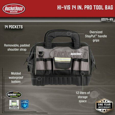 Bucket Boss Hi-Vis 14 in Pro Tool Bag, 1680 Heavy-Duty Poly Fabric, 14 Pockets 65114-HV